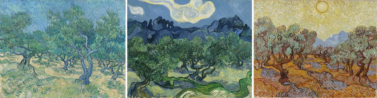 Van Gogh’s Olive Grove (July 1889), Olive Trees (June 1889) and Olive Trees (June 1889) Courtesy of Kröller-Müller Museum, Otterlo (photo: Rik Klein Gotink); Museum of Modern Art, New York (license: SCALA/Art Resource); and Minneapolis Institute of Art (William Hood Dunwoody Fund, 51.7)