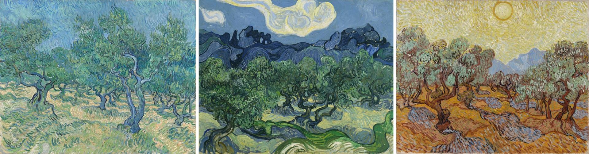 Van Gogh’s Olive Grove (July 1889), Olive Trees (June 1889) and Olive Trees (June 1889) Courtesy of Kröller-Müller Museum, Otterlo (photo: Rik Klein Gotink); Museum of Modern Art, New York (license: SCALA/Art Resource); and Minneapolis Institute of Art (William Hood Dunwoody Fund, 51.7)