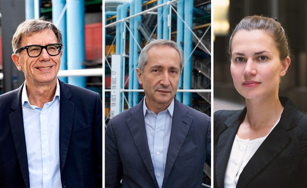 From left: Serge Lasvignes, Bernard Blistène and Kasia Redzisz Lasvignes: ©Thibaut Chapotot, Centre Pompidou; Blistène: © Centre Pompidou - Philippe Migeat