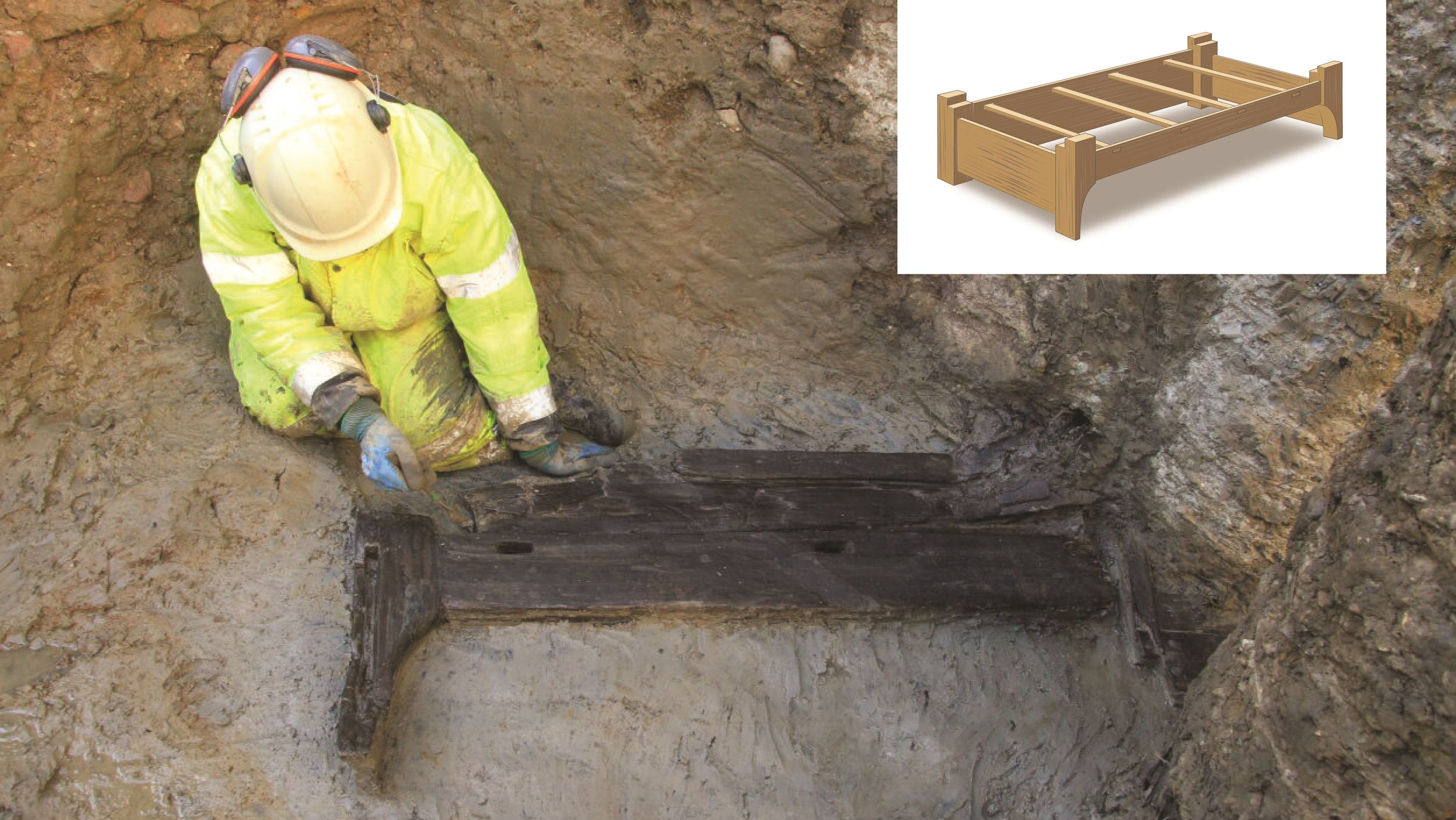 The funerary bed being excavated and a reconstruction © MOLA
