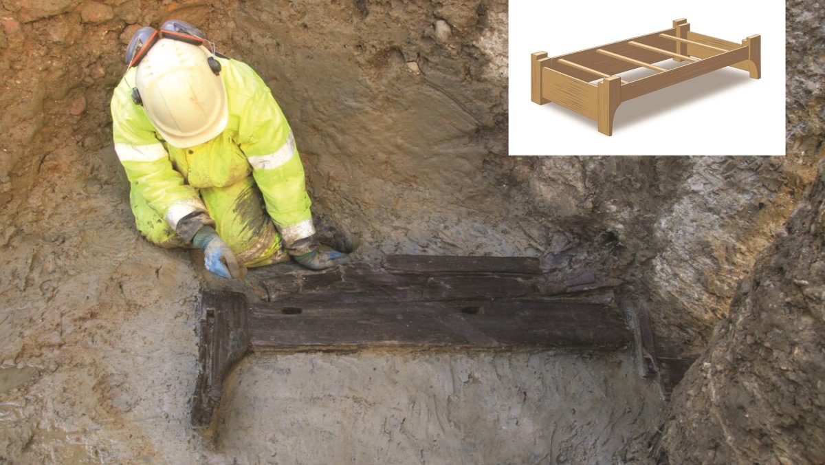 The funerary bed being excavated and a reconstruction © MOLA