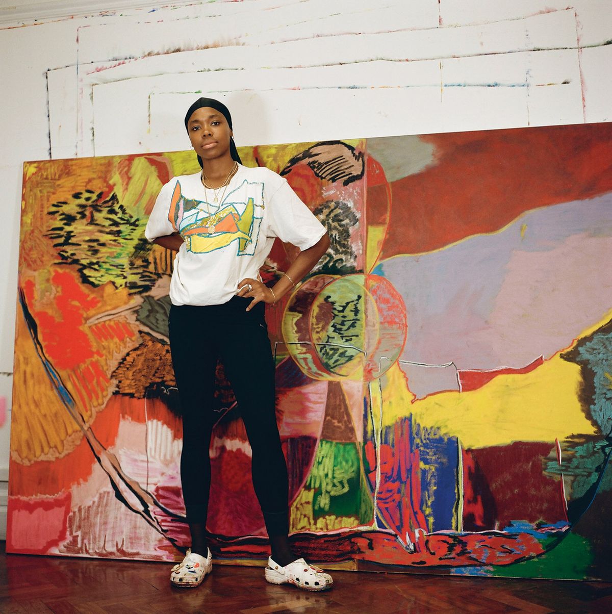 Rachel Jones with her work SMIIILLLLEEEE (2021), produced for her forthcoming show of the same name at Thaddaeus Ropac gallery
Photo: Adama Jalloh. Courtesy of Thaddaeus Ropac gallery