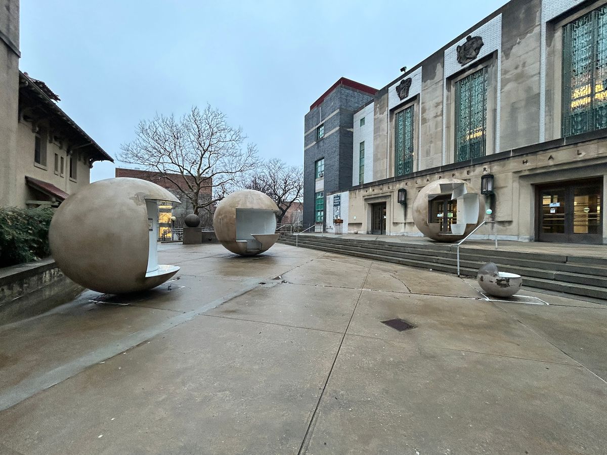 Vito Acconci’s 1995 outdoor work More Balls for Klapper Hall (or Untitled) at Queens College has been damaged numerous times over the years Photo: Amanda Perez
