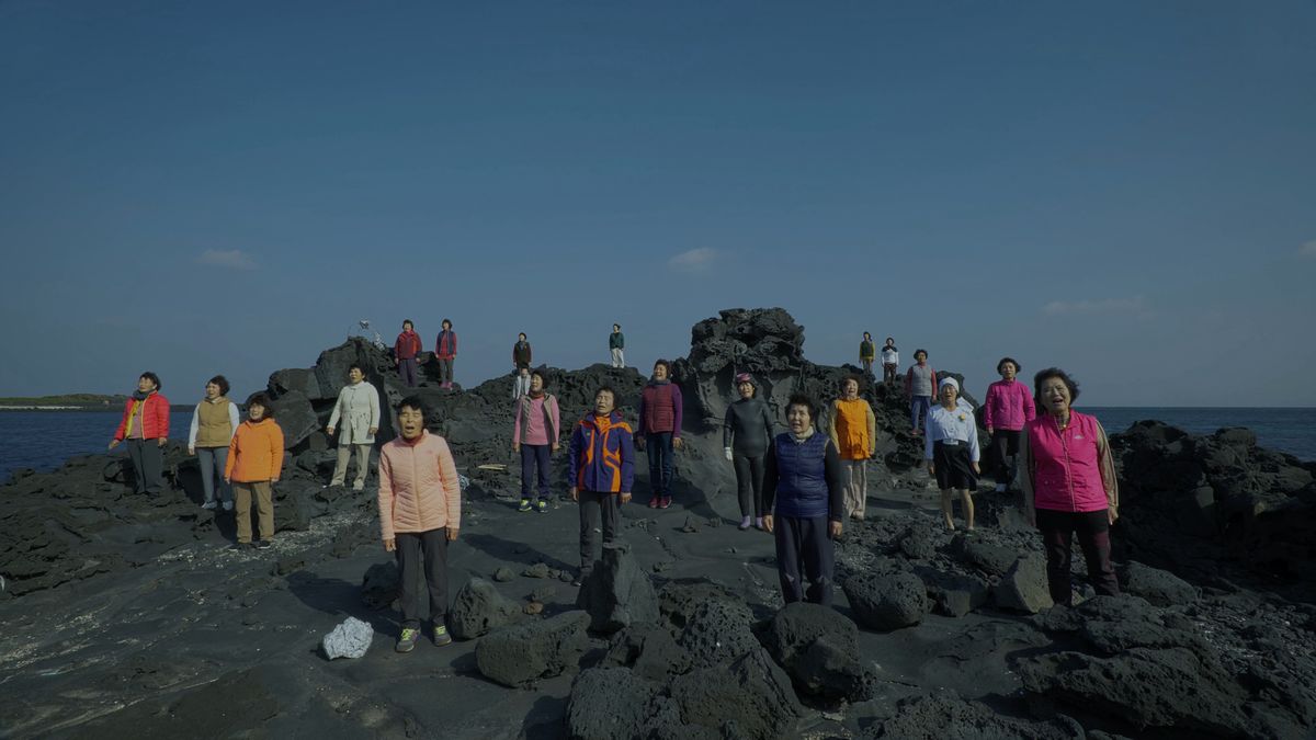 A still from Seaweed Story (2022), by the collective ikkibawiKrrr, featuring singing haenyeo, or women divers Courtesy ikkibawiKrrr