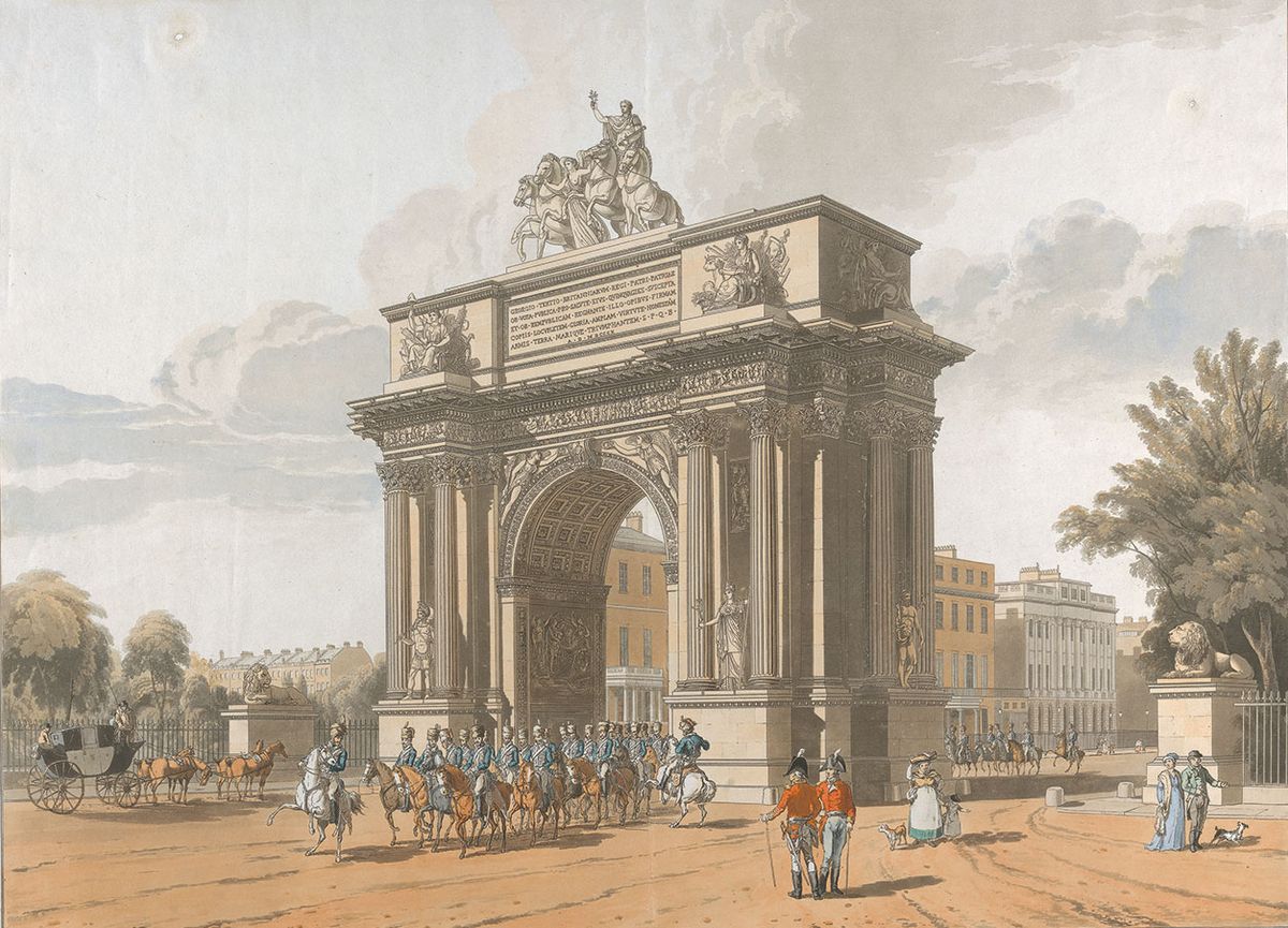 View of the Triumphal Arch proposed to be erected at Hyde Park corner, topped with a quadriga depicting the angel of peace descending on the chariot of war Yale Center for British Art, Paul Mellon Collection