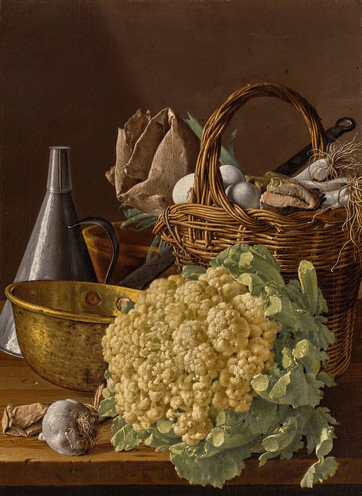 Luis Meléndez, Still Life with a Cauliflower, a Basket with Eggs, Leeks, and Fish, and Assorted Kitchen Goods (around 1760)