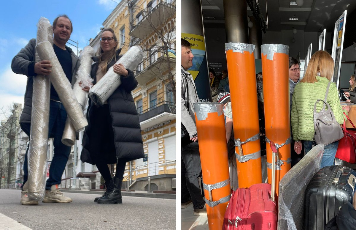 Katia Vozianova and Oleksandr Shchelushchenko, founder of Tsekh contemporary art gallery in Kyiv, hid paintings in drainpipes to save them from the war. Photos courtesy of Tsekh contemporary art gallery in Kyiv