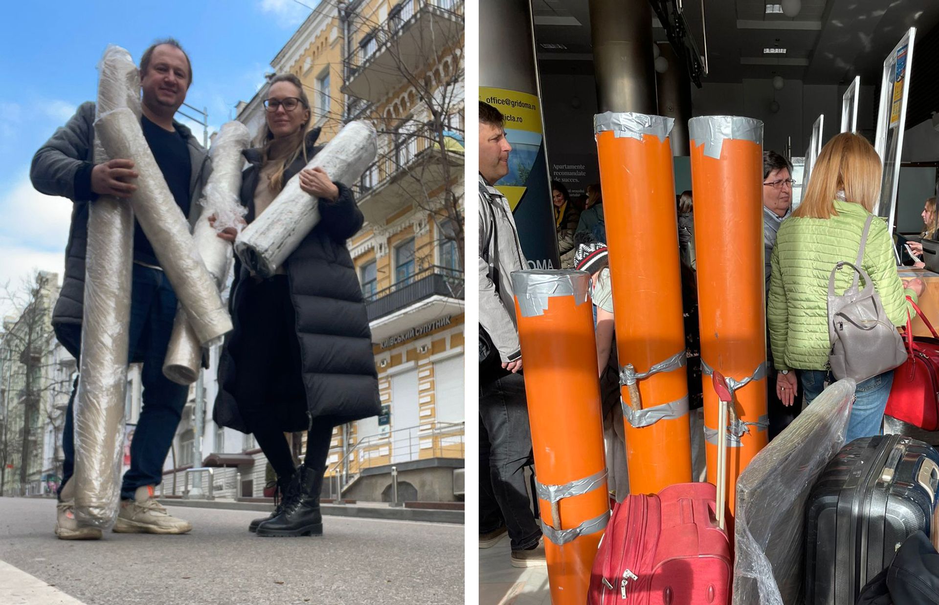 Katia Vozianova and Oleksandr Shchelushchenko, founder of Tsekh contemporary art gallery in Kyiv, hid paintings in drainpipes to save them from the war. Photos courtesy of Tsekh contemporary art gallery in Kyiv