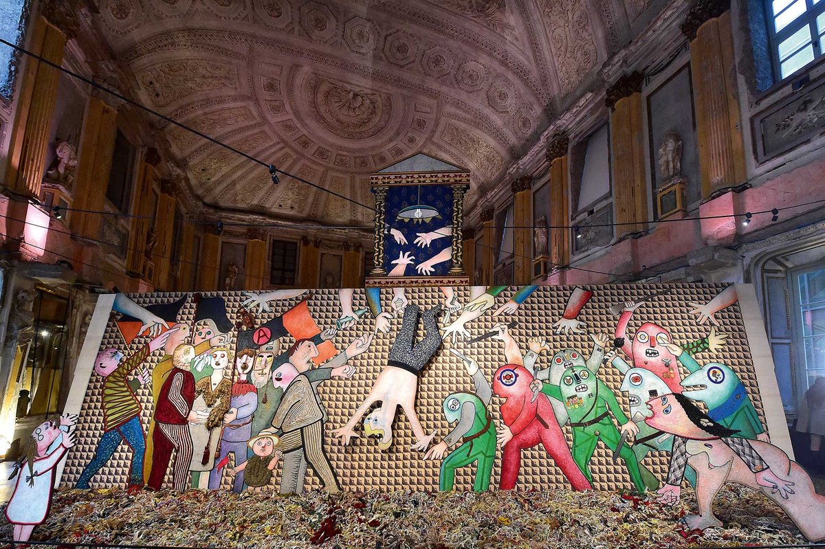Enrico Baj’s I Funerali dell’anarchico Pinelli seen here in on show at Milan’s Palazzo Reale. In its new permanent home, the window frame element above the main work has had to be displayed separately due to lack of space
Photo: Roberto Serra, Iguana Press/Getty Images