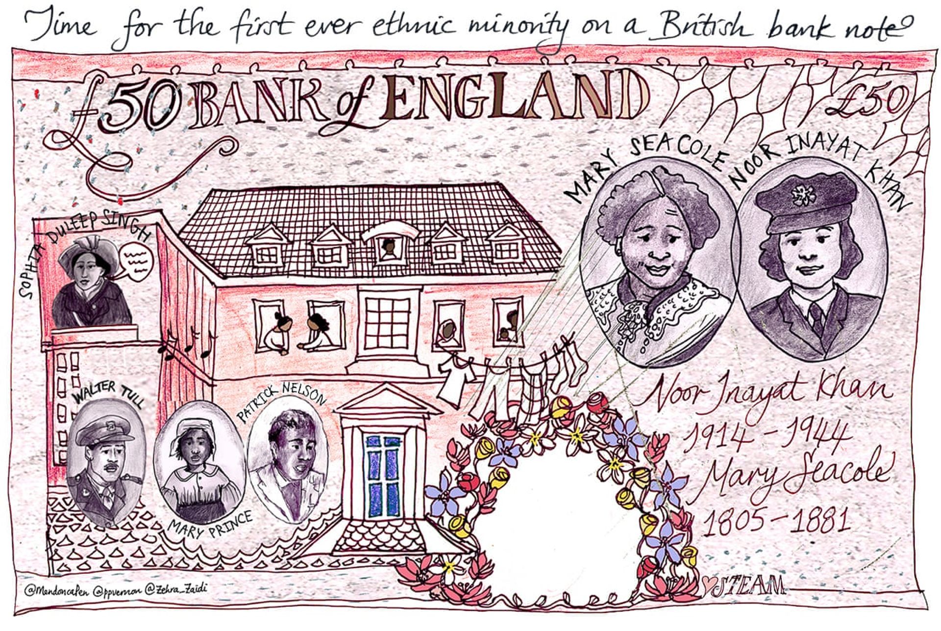 The artist Pen Mendoça's illustration for the Banknotes of Colour campaign, featuring BAME teachers, writers and musicians © Pen Mendonça