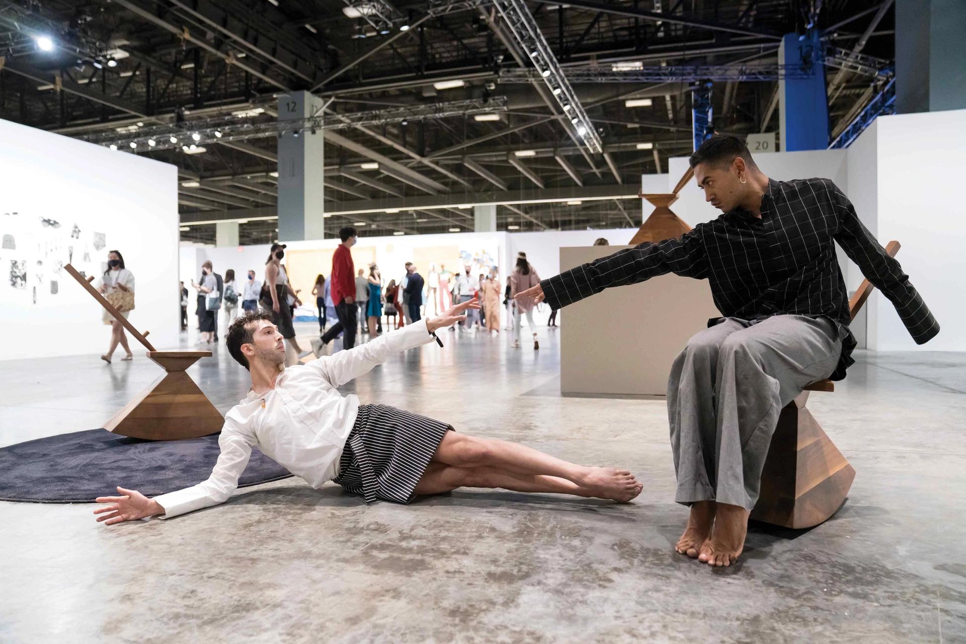 Brendan Fernandes, Contract and Release (2019-21) presented by Monique Meloche

“These were first presented at the Noguchi Museum [in New York], and they were inspired by props Isamu Noguchi designed for [the US dancer and choreographer] Martha Graham’s 1944 dance piece, Appalachian Spring. Noguchi’s sculptures were very stable and static, but these have movement and for Fernandes they’re about how the body is colonised—even through dance.”