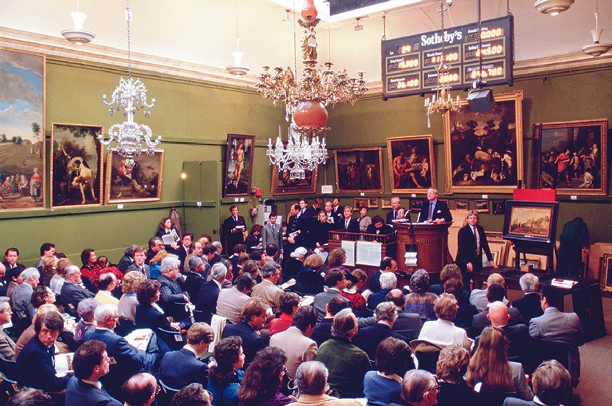 A Sotheby’s sale in London in 1986; rising inflation in the 1970s led to art being viewed in the same way as traditional investment assets, and auction results as a market barometers
Photo: Marc Deville/ Gamma-Rapho via Getty Images
