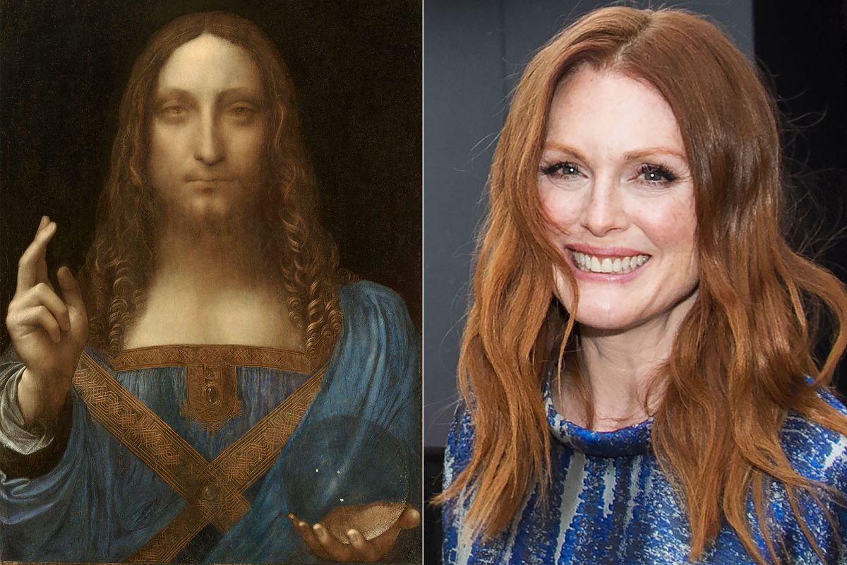 Salvator Mundi (left), the most expensive painting ever sold at auction, has not been seen publicly since 2017. Julianne Moore (right) is reportedly the executive producer of a forthcoming series about the painting. Salvator Mundi: mage is public domain sourced / access rights from The Picture Art Collection / Alamy Stock Photo. Julianne Moore: Photo by Gordon Correll, via Flickr