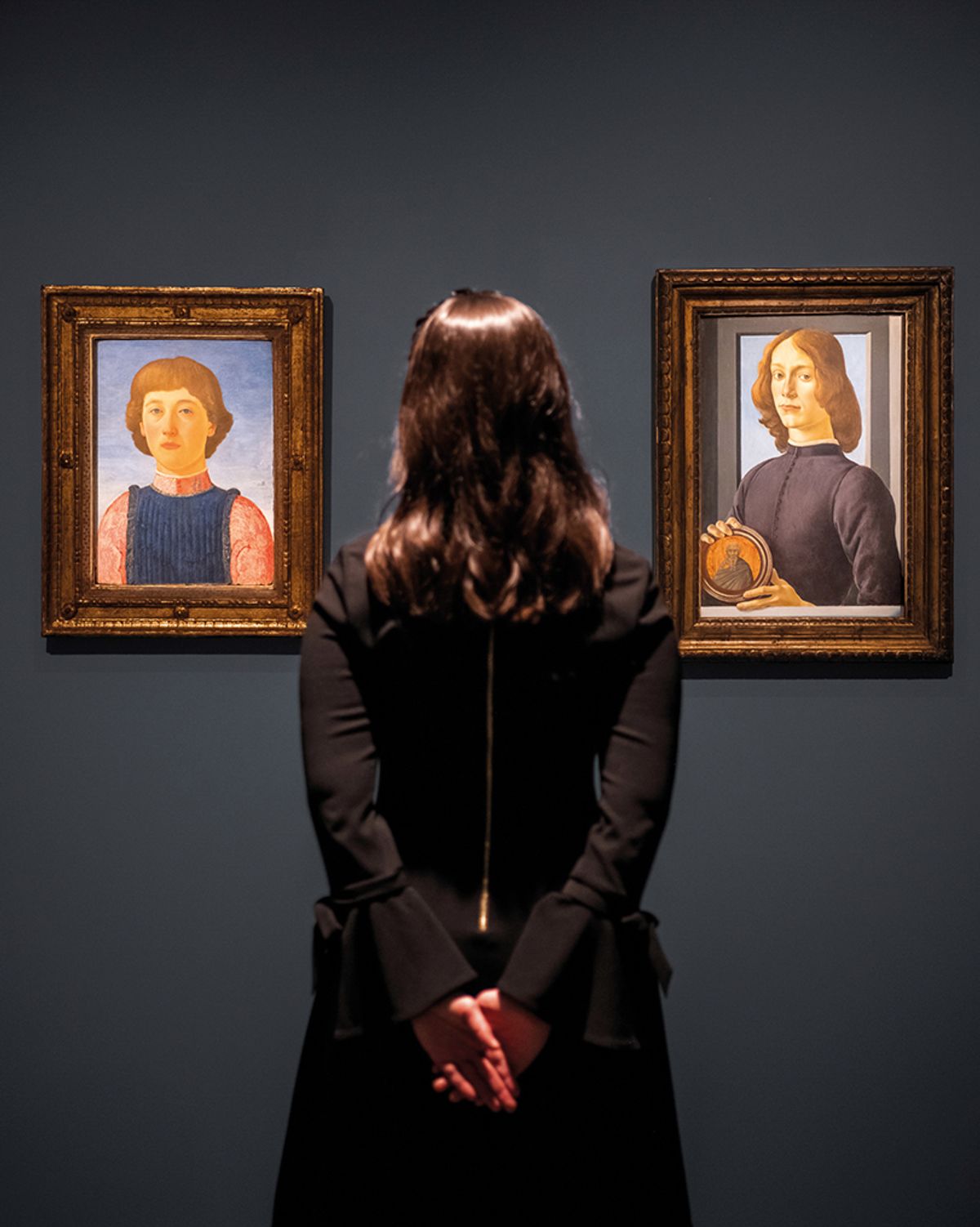 Sotheby’s will auction Portrait of a Youth (left), attributed to Piero del Pollaiuolo, seen next to Botticelli’s Young Man Holding a Roundel Photo: Julian Cassady Photography; Courtesy Sotheby’s