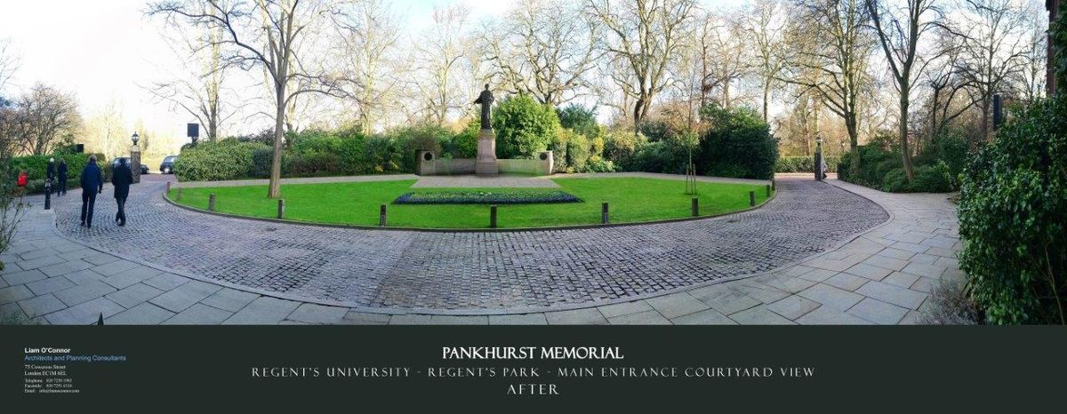 A rendering of how the original 1930 sculpture of Pankhurst will look in the main courtyard of Regent’s University © Liam O’Connor Architects