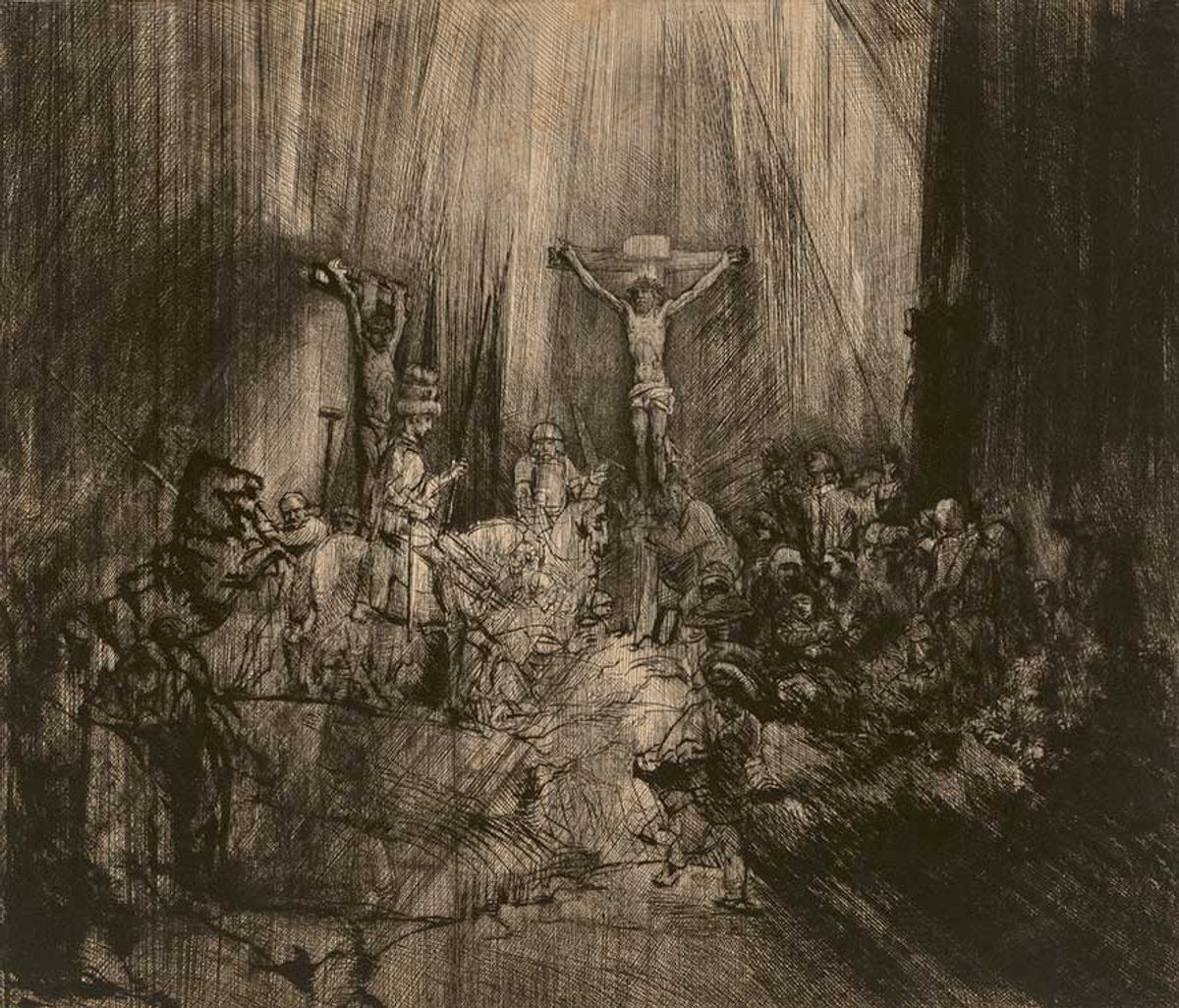 Rembrandt’s drypoint Christ Crucified Between the Two Thieves: The Three Crosses (around 1653-60) Courtesy Cleveland Museum of Art