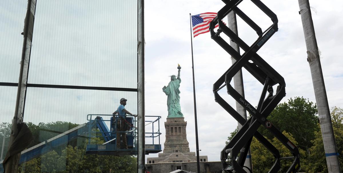 In this photo taken on Friday, June 22, 2018, the Statue of Liberty is seen from inside the Inspiration Gallery, which will house the original torch, at the Statue of Liberty Museum, expected to open in May 2019, on Liberty Island in New York.  The Statue of Liberty-Ellis Island Foundation is launching #ForLadyLiberty, a crowdfunding campaign inspired by Joseph Pulitzer’s original fundraising campaign in the 1880s, to raise funds for the new museum.  Visit ForLadyLiberty.org to contribute. (Diane Bondareff/AP Images for Statue of Liberty-Ellis Island Foundation)