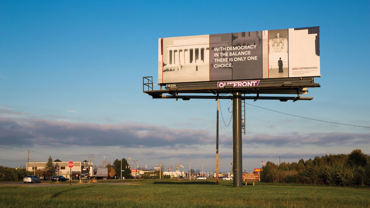 Carrie Mae Weems X For Freedoms billboard in Columbus, Ohio, a swing state Photo by Wyatt Gallery / Courtesy of For Freedoms