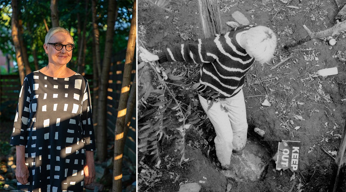 (L): Julie Bargmann, 2021 Oberlander Prize Laureate. Photo © Barrett Doherty. Courtesy of The Cultural Landscape Foundation; (R): Julie Bargmann at Vintondale stomping in acid mine drainage. Courtesy of J. Bargmann and D.I.R.T. studio