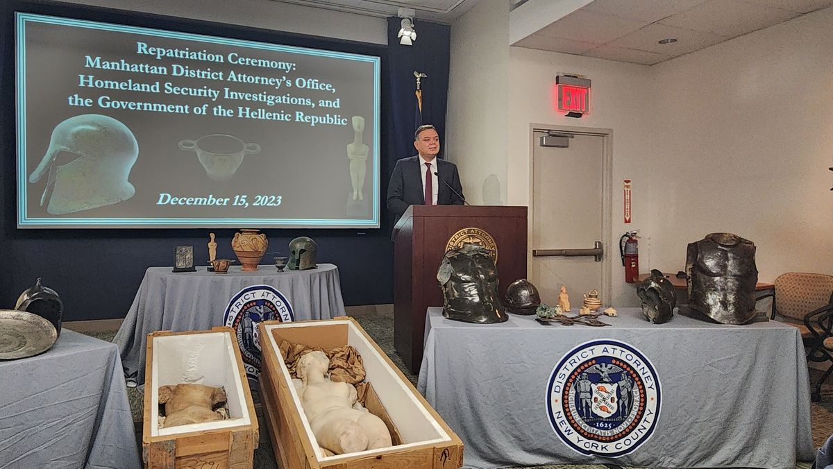 A selection of the seized antiquities on display during a 15 December press conference and repatriation ceremony in New York Courtesy Consulate General of Greece in New York, via X
