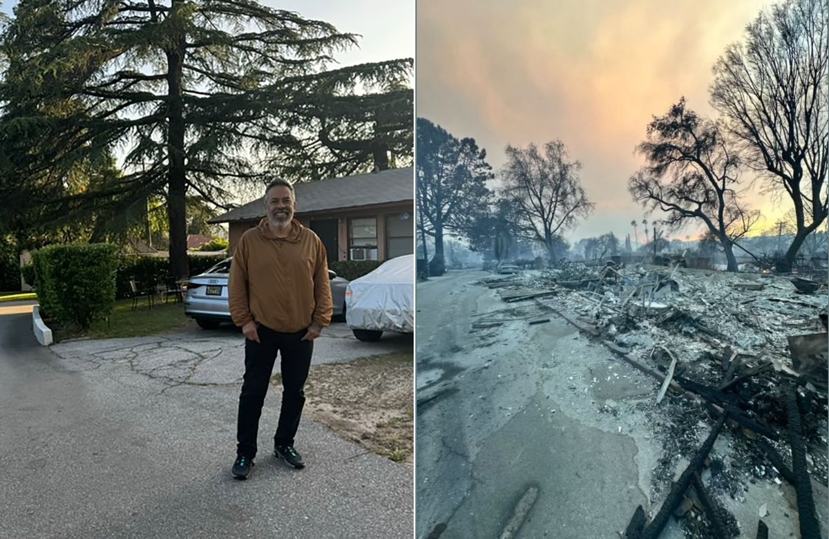 The artist Salomon Huerta in front of his house in Altadena (left) and his street in Altadena destroyed by the Eaton fire Huerta: courtesy the artist. Fire damage: photo by Adriane Thome