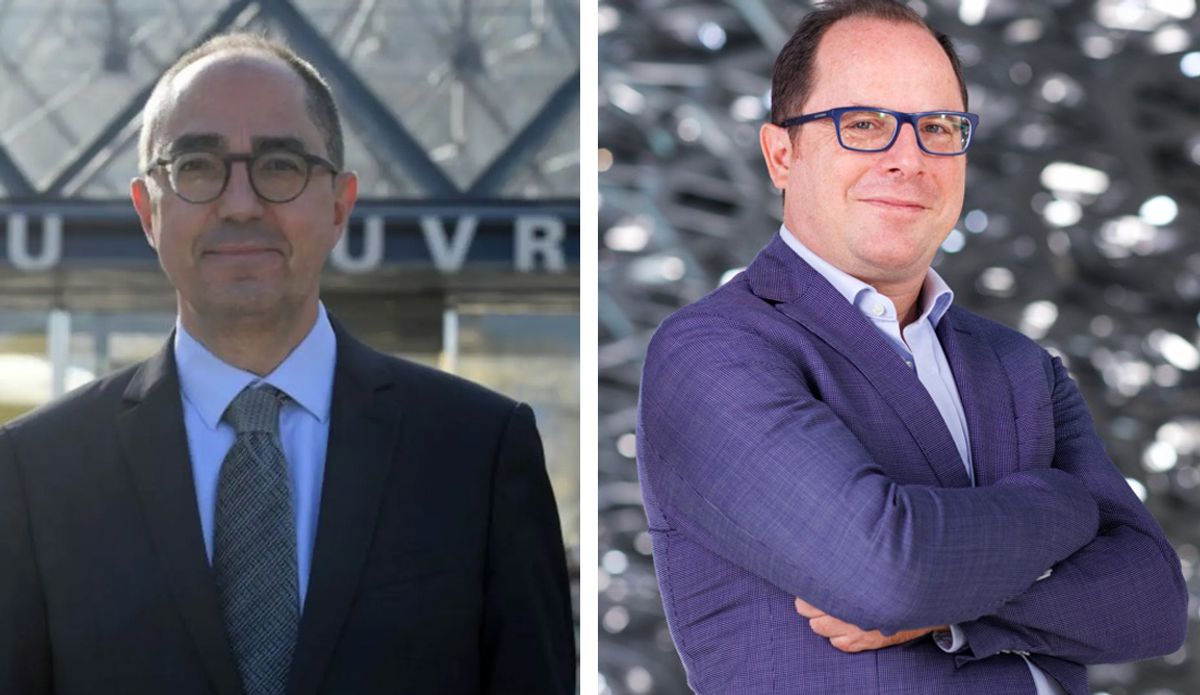 Former Louvre president Jean-Luc Martinez (left) and the curator Jean-François Charnier (right) have been charged in relation to an antiquity trafficking investigation. Martinez: Getty; Charnier: AP