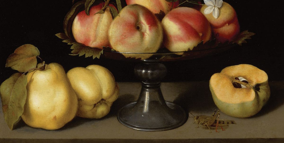 Fede Galizia, A glass compote with peaches, jasmine flowers, quinces and a grasshopper (early 17th century) X