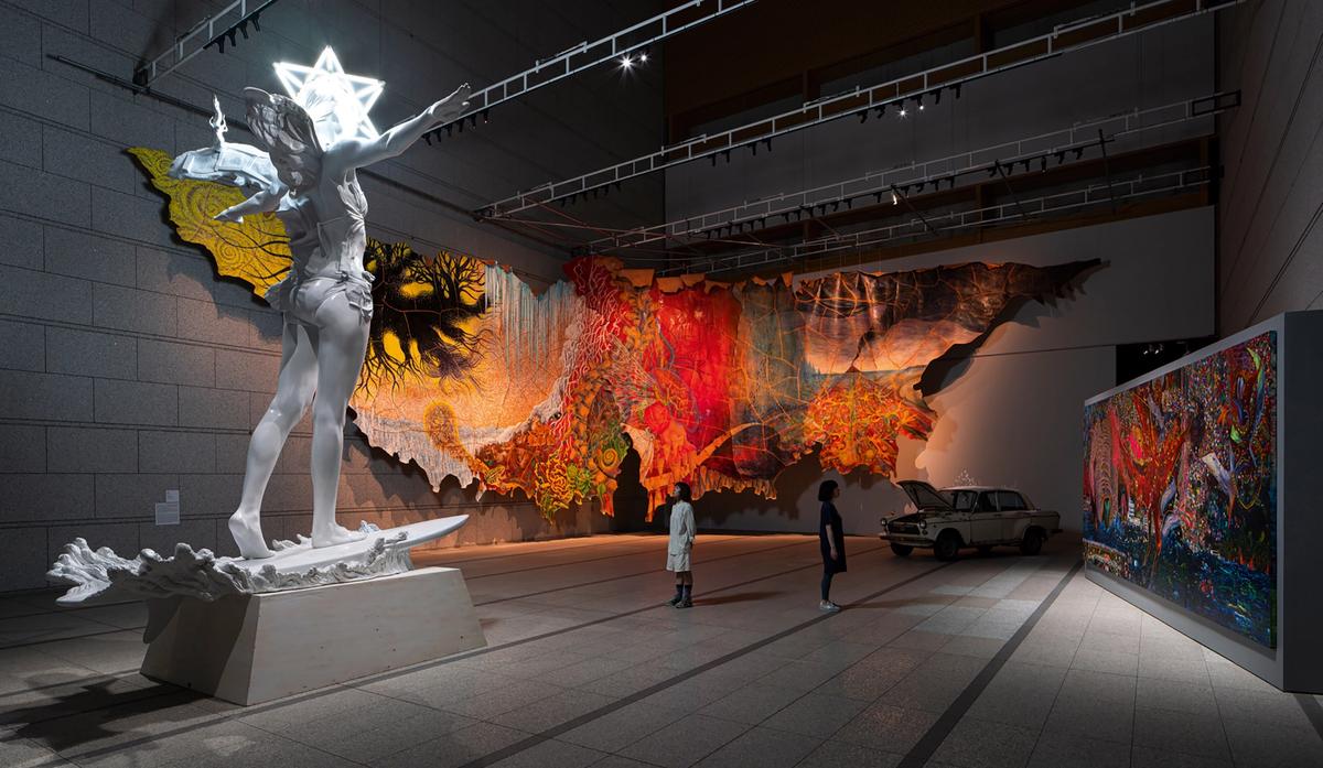 The MOT exhibition A Personal View of Japanese Contemporary Art: Takahashi Ryutaro Collection features (from left) Motohiko Odani, Surf Angel (Provisional Monument 2) (2022); Tomoko Konoike, Drop Curtain of Cowhide (2015-16); Mika Aoki, Her Songs are Floating (2007); Kanji Yumisashi, Elegy (2016) Installation view: Kenji Morita