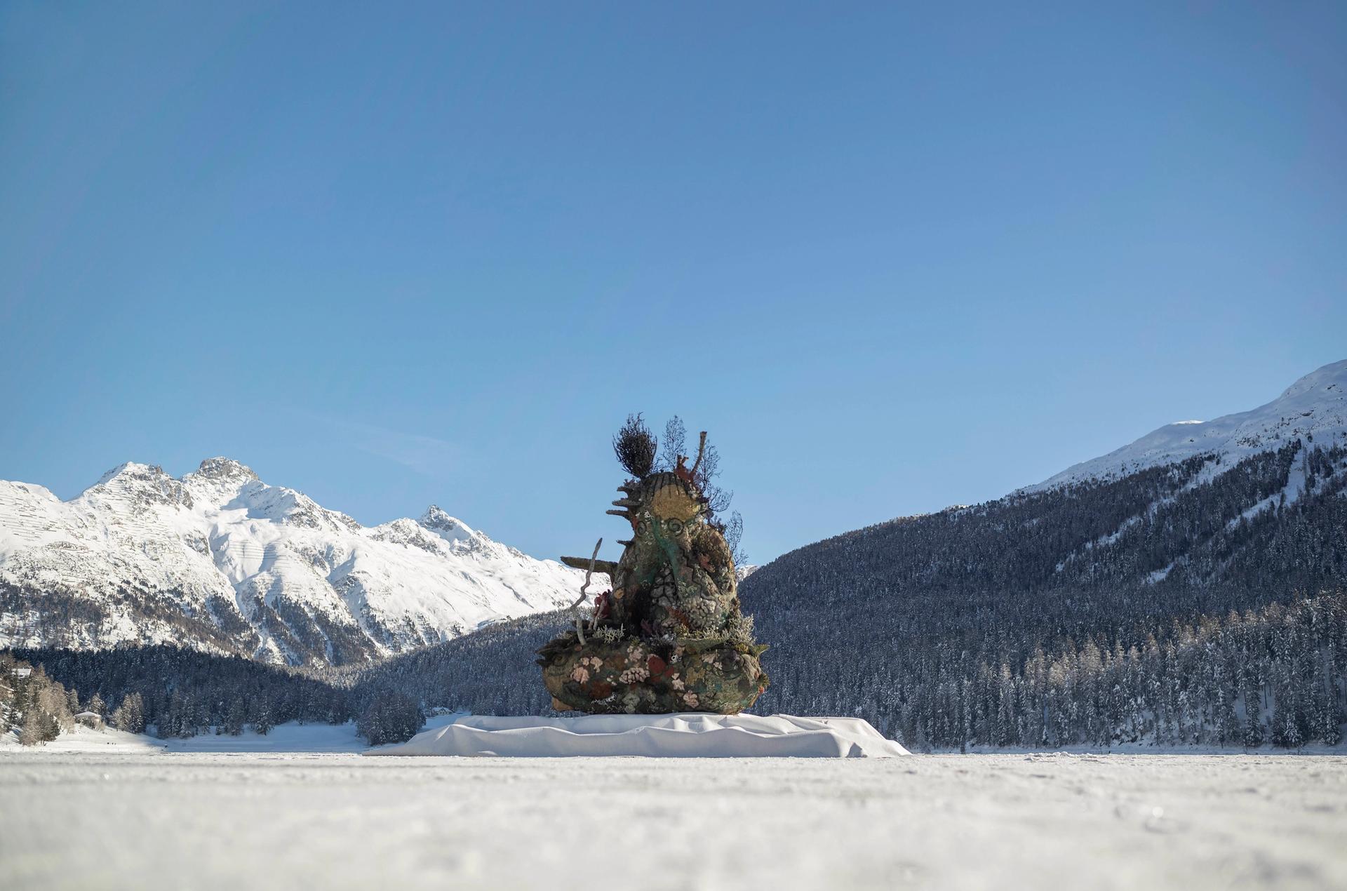 Damien Hirst's The Monk (2014) installed on Lake St. Moritz Photo: Felix Friedmann. © Damien Hirst and Science Ltd. All rights reserved, DACS 2020