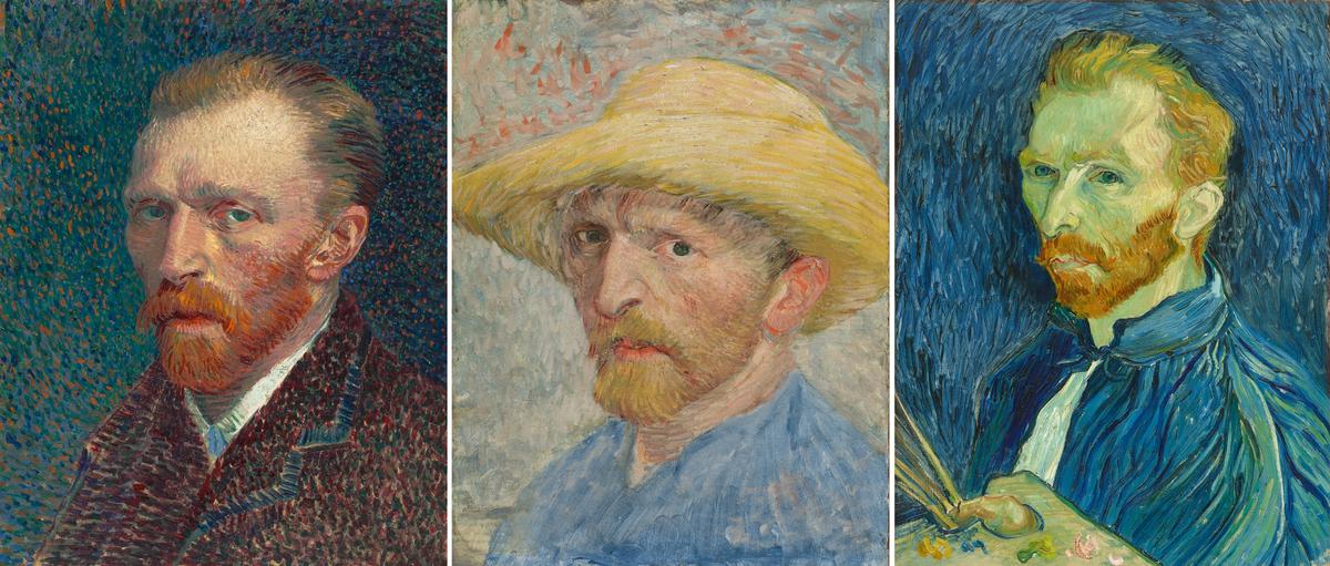 Three of Van Gogh’s self-portraits: 1887, 1887 and 1889 Courtesy of Art Institute of Chicago (Creative Commons Zero); Detroit Institute of Arts (Bridgeman Images); and National Gallery of Art, Washington, DC