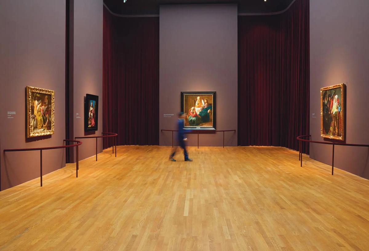 Installation view of Vermeer exhibition showing the use of velvet curtains to soften the space, at a quiet moment before opening
Photo: Rijksmuseum / Henk Wildschut