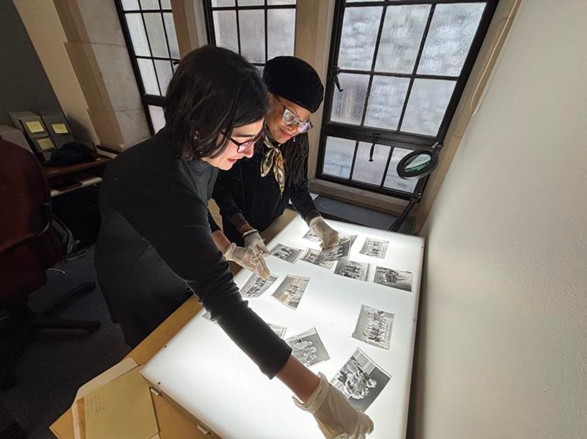 The archivists Leslie Willis-Lowry and Talia Gallagher processing archival materials at Temple University in Philadelphia Courtesy the Getty Foundation