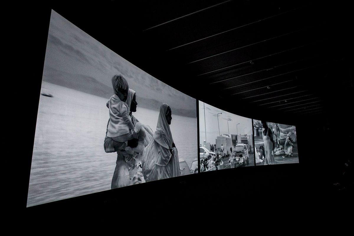 Richard Mosse's Incoming (2014-17), a surround sound video, is part of the exhibition When Home Won't Let You Stay at the Institute for Contemporary Art, Boston Courtesy of the artist and Jack Shainman Gallery, New York