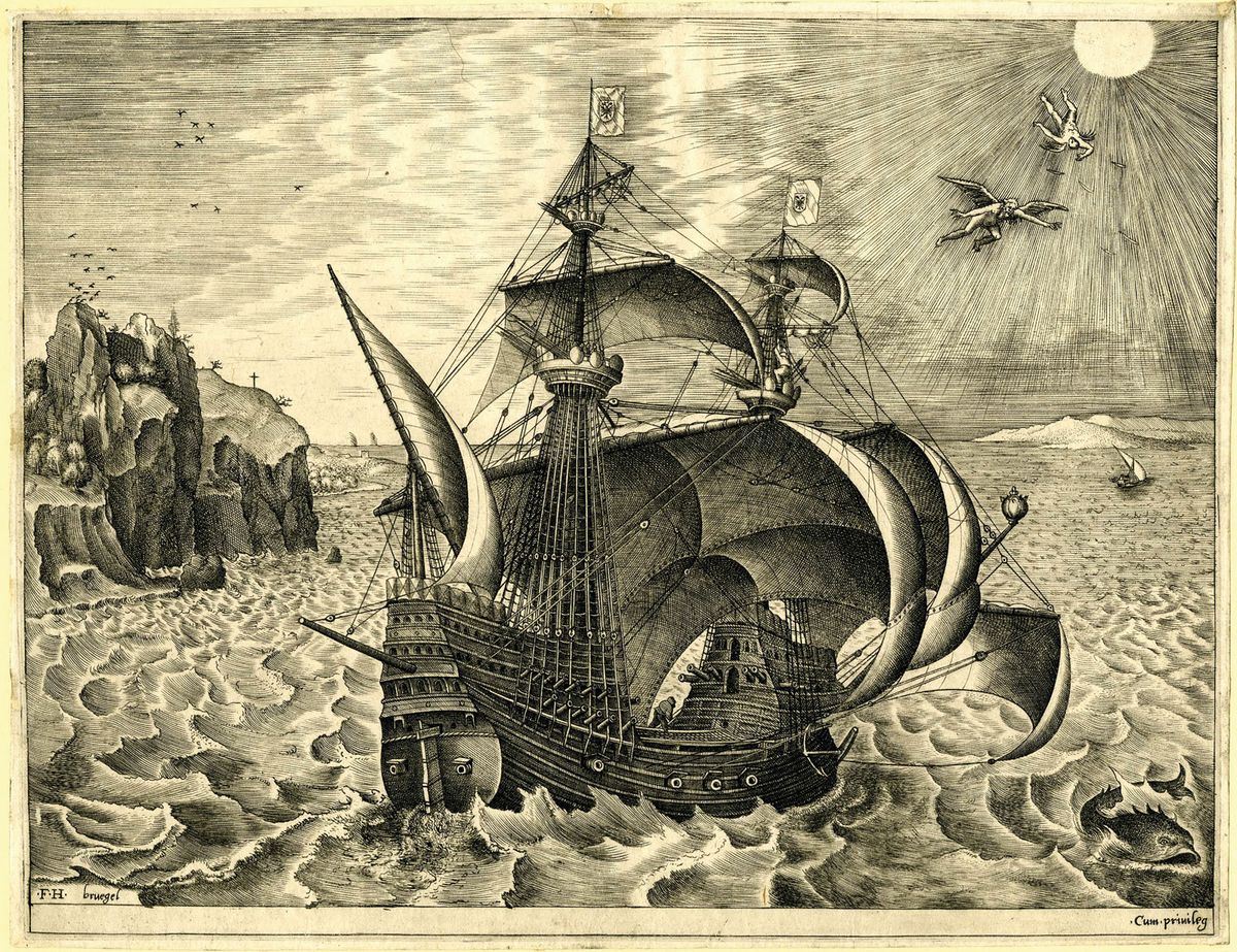 Peter Bruegel the Elder, Sailing Vessels, Armed Three-Master with Daedelus and Icarus in the sky, engraved by Frans Huys (1560-6) © Trustees of the British Museum