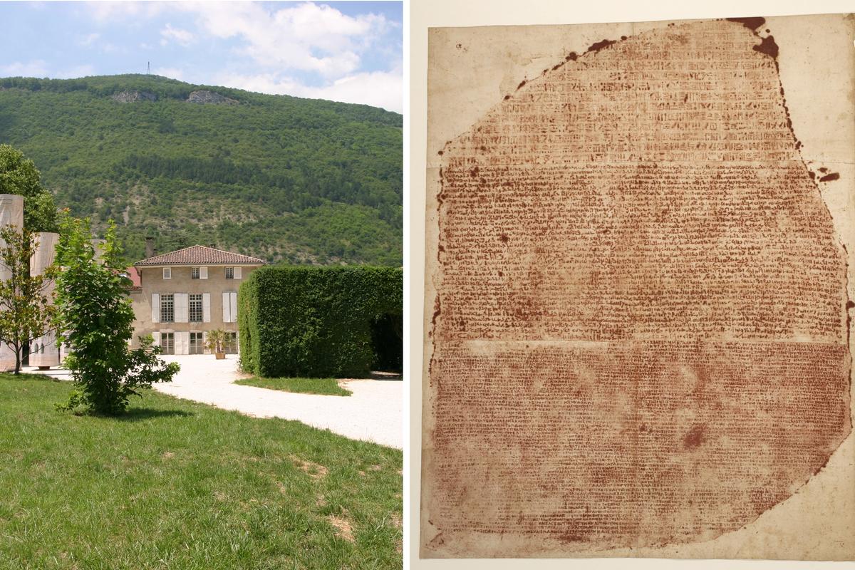 Left: Musée Champollion in Vif; right: a print of the Rosetta Stone (early 19th century) from the museum's collection Photos: © Département de l’Isère / Musée Champollion