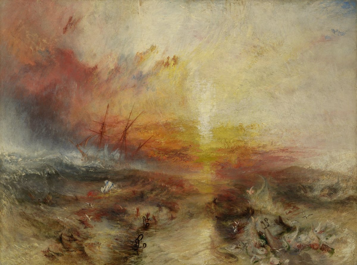 J. M. W. Turner, SlaversThrowing overboard the Dead and Dying – Typhon coming on (The Slave Ship) (1840) which sits at the Museum of Fine Arts, Boston Photography © Museum of Fine Arts, Boston. All Rights Reserved