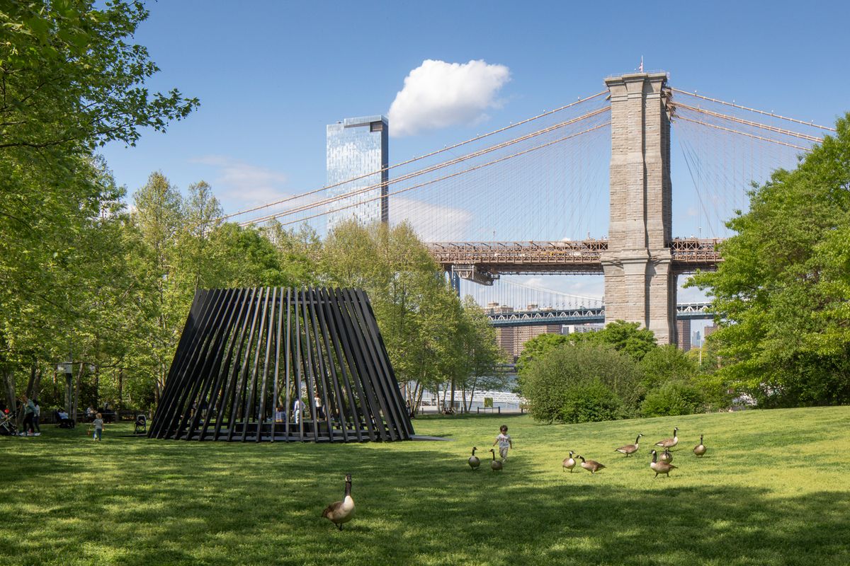 Modernist meditation: at Brooklyn Bridge Park, Torkwase Dyson’s sculptural pavilion Akua transports visitors with a ship-like form that houses a multi-layered sound installation Photo: Nicholas Knight, courtesy Public Art Fund; courtesy of the artist, Pace Gallery and Gray Chicago | New York