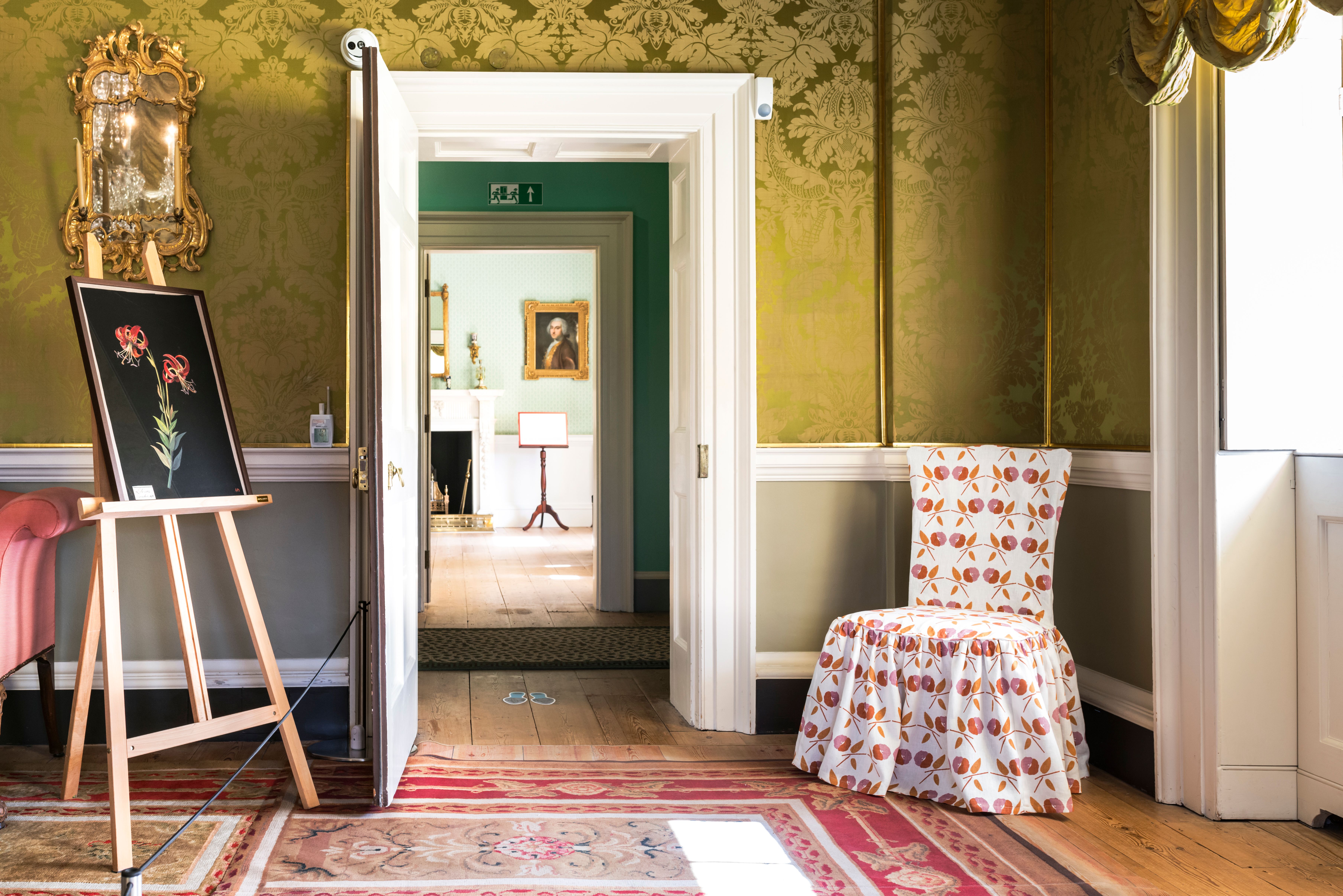 A collage by Mary Delany alongside a chair covered in fabric by Georgie Hopton in No.1 Royal Crescent 

Image by Jo Hounsome