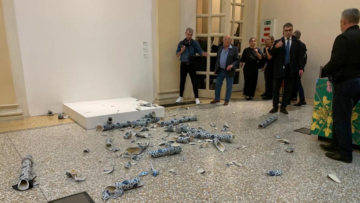 The work was reportedly smashed by a 57-year-old man at the opening of the exhibition Who am I?
Genus Bononiae Press Office/Reuters