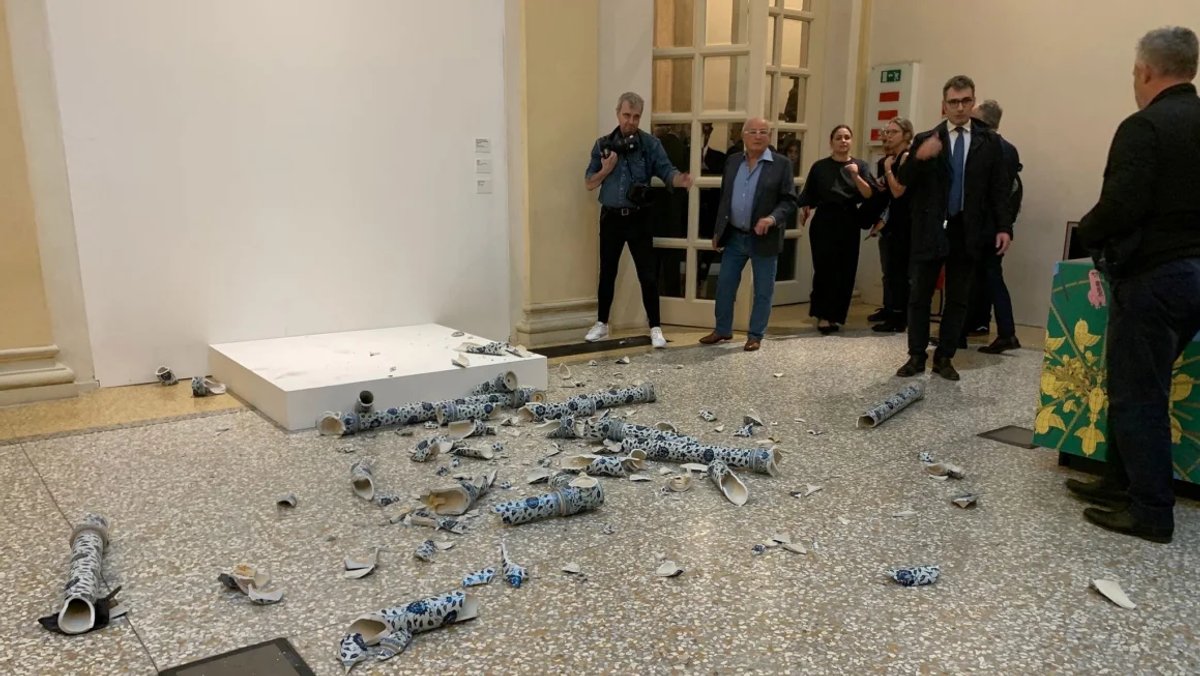The work was reportedly smashed by a 57-year-old man at the opening of the exhibition Who am I?
 Genus Bononiae Press Office/Reuters