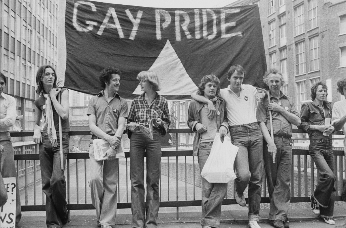 Gay Pride demonstration at the Old Bailey, in occasion of the start of the prosecution alleging blasphemous libel brought by Mary Whitehouse against the homosexual newspaper Gay News, London, UK, 4th July 1977. Photo: Evening Standard/Hulton Archive/Getty Images