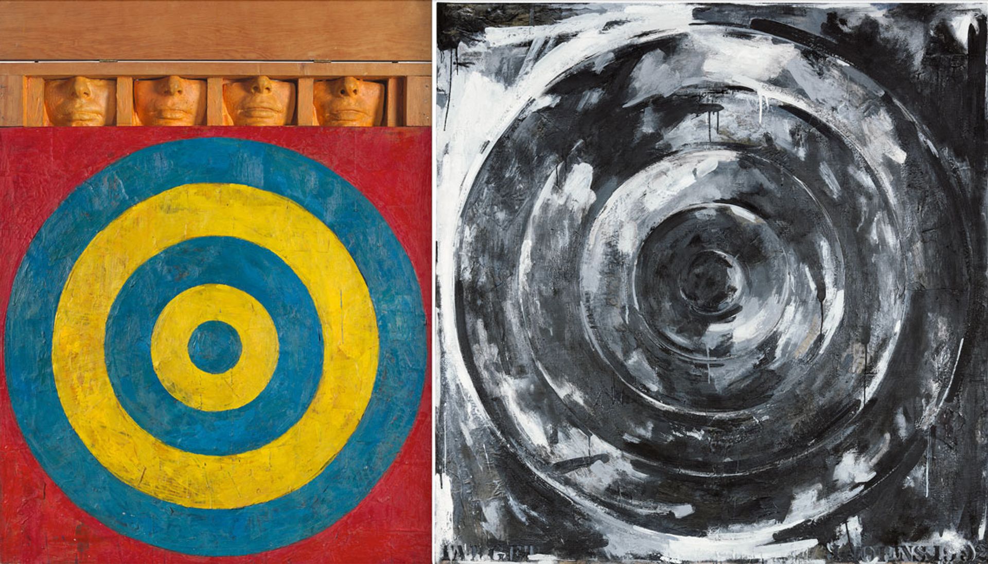 Jasper Johns的四面目标(1955年)将在惠特尼博物馆展出，而Target(1992年)将在费城艺术博物馆展出©2021年Jasper Johns/VAGA在ARS, NY
