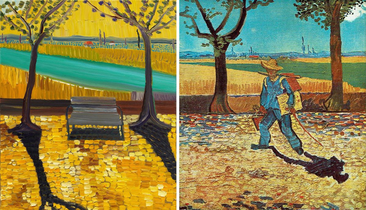 Matthew Wong’s The Space Between Trees (2019), can be seen as both a tribute to Vincent van Gogh’s The Painter on the Road to Tarascon (1888) and a form of self-portrait
Courtesy of HomeArt, © Matthew Wong Foundation c/o Pictoright Amsterdam 2023; Courtesy of the Kulturhistorisches Museum Magdeburg (inventory GK 558, St 29)