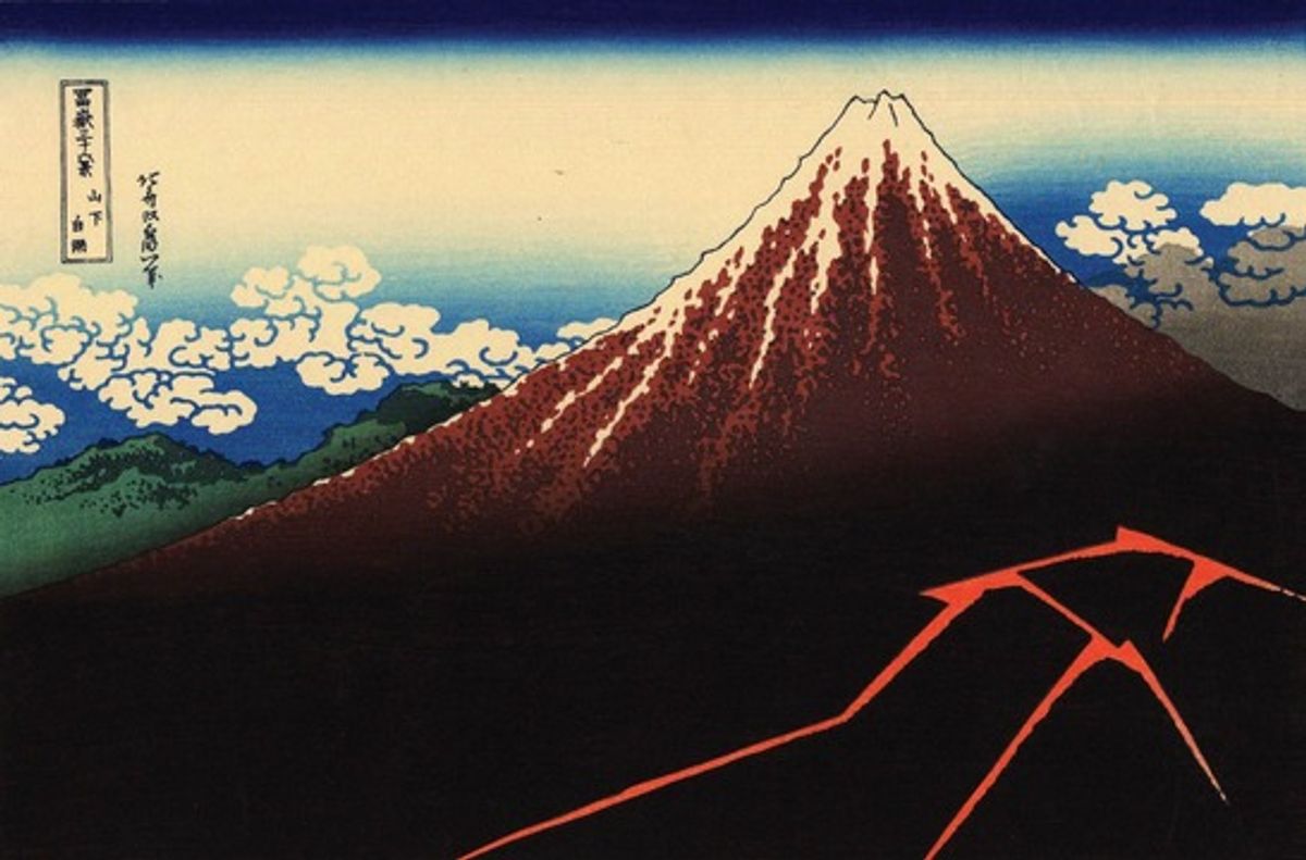 Utagawa Hiroshige’s Thundershower beneath the Summit, from the series Thirty-six views of Mountain Fuji (1894).  The work inspired European Modernists 