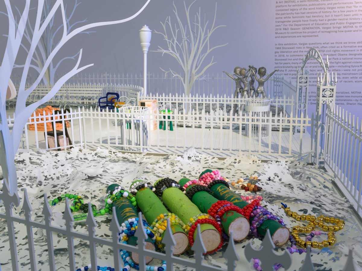 A view of some of the artists' models inside a scale model of Christopher Park at the New Museum New Museum