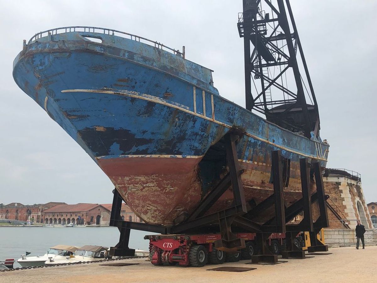 Artist Christoph Büchel displayed a wrecked ship in which hundreds of migrants had died at the 2019 Venice Biennale, titled Barca Nostra © The Art Newspaper