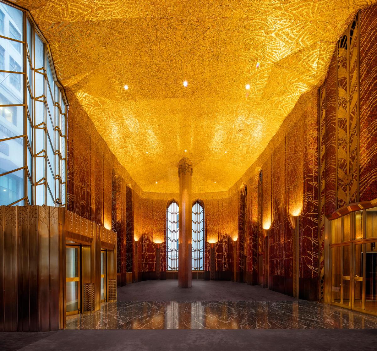 The “Red Room” at One Wall Street, designed by Hildreth Meière and once used as a banking hall in the 1930s DBOX on behalf of Macklowe Properties