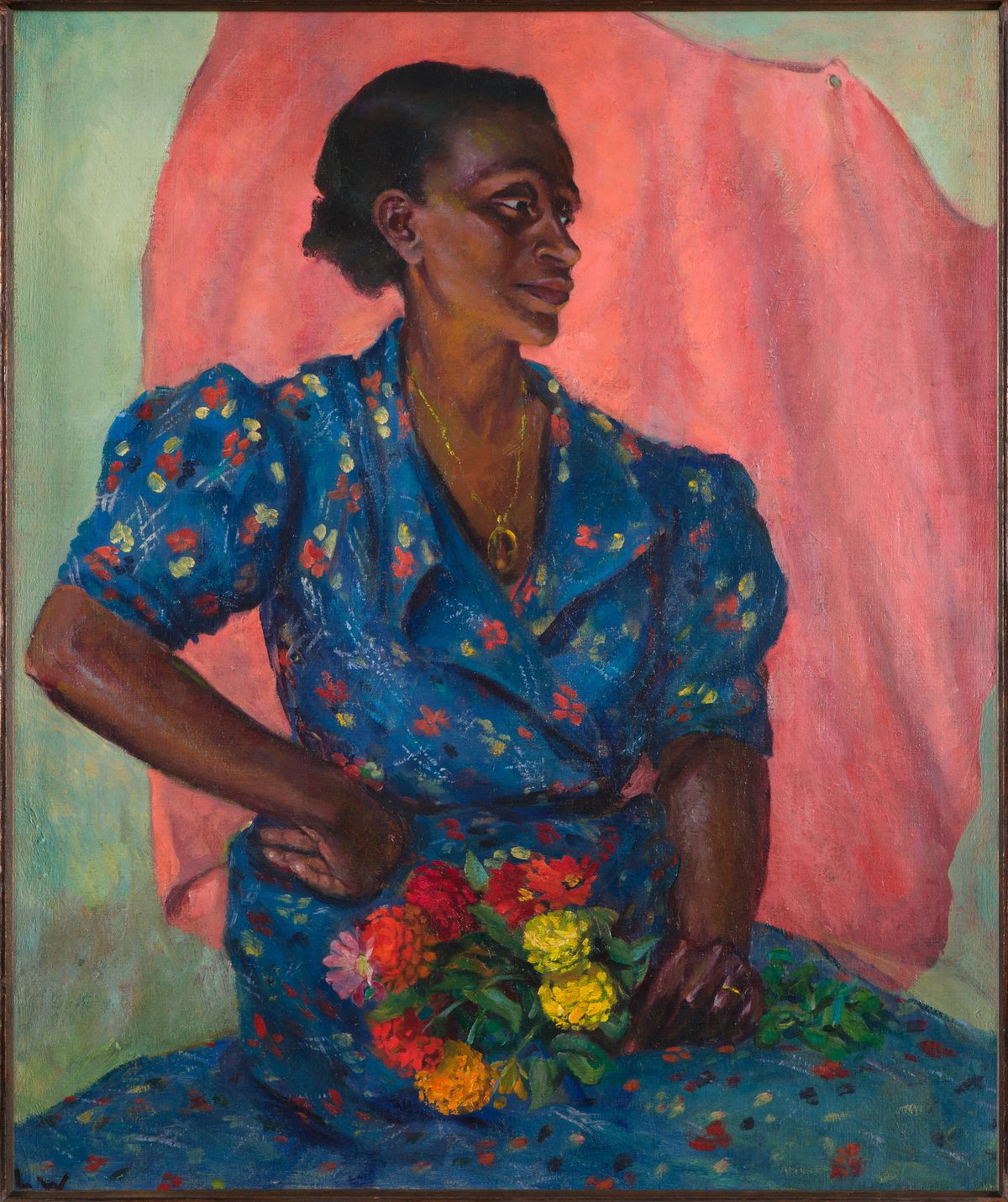 Laura Wheeler Waring’s Woman with Bouquet (around 1940), part of the Brooklyn Museum’s permanent collection, is one of the works on show that aims to spark recognition and joy
© the artist’s estate; photo courtesy Brooklyn Museum