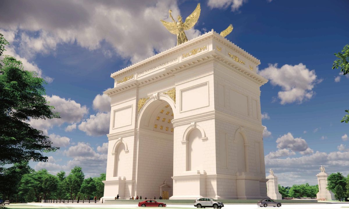 A rendering of the proposed triumphal arch in the Memorial Circle traffic island Harrison Design