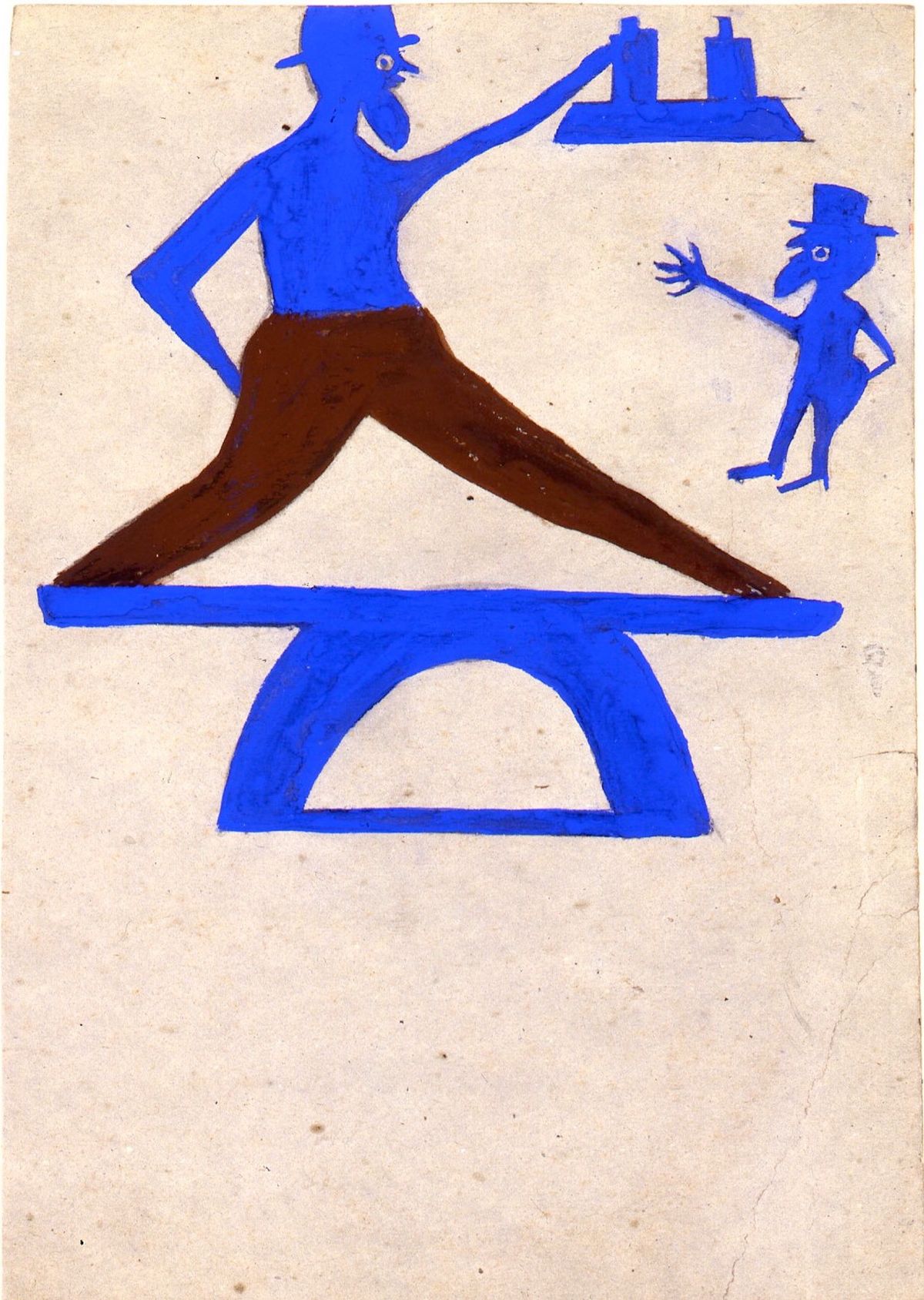 Bill Traylor, Untitled (Blue Construction, Figures, and Bottles; or Two Men Reaching for Bottles), 1939-42. Gift from the Estate of Lanford Wilson. Collection of the American Folk Art Museum. Photo courtesy of Ricco/Maresca Gallery.